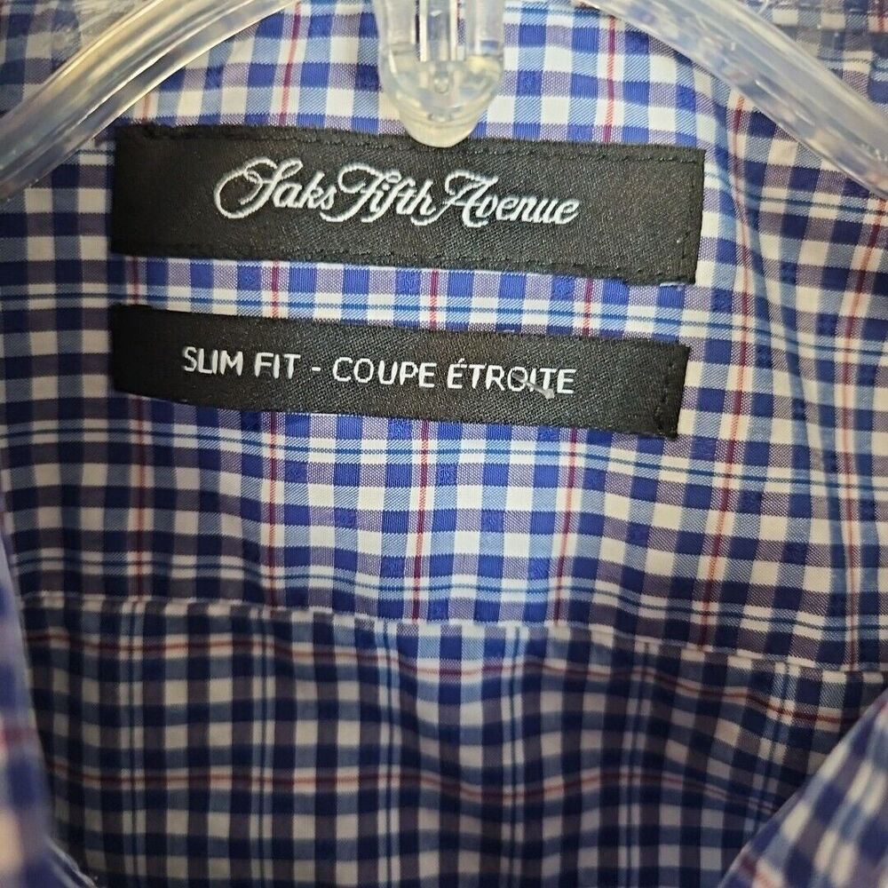 Saks Fifth Avenue blue red white plaid slim fit button front shirt 17 34-35 cot - Picture 2 of 11